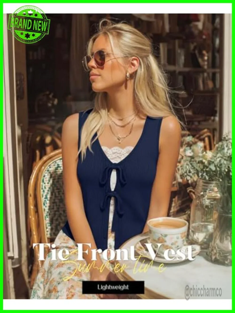 Ribbed Tie Front Sweater Vest Sleeveless Cotton Blend Tank Top